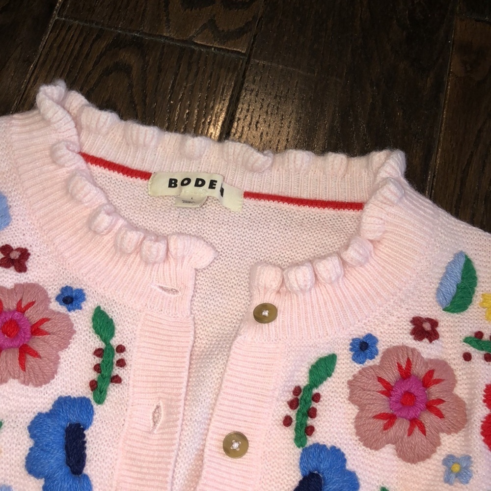BODEN embroidered frill knit sweater cardigan blooming pink size large - Picture 14 of 16